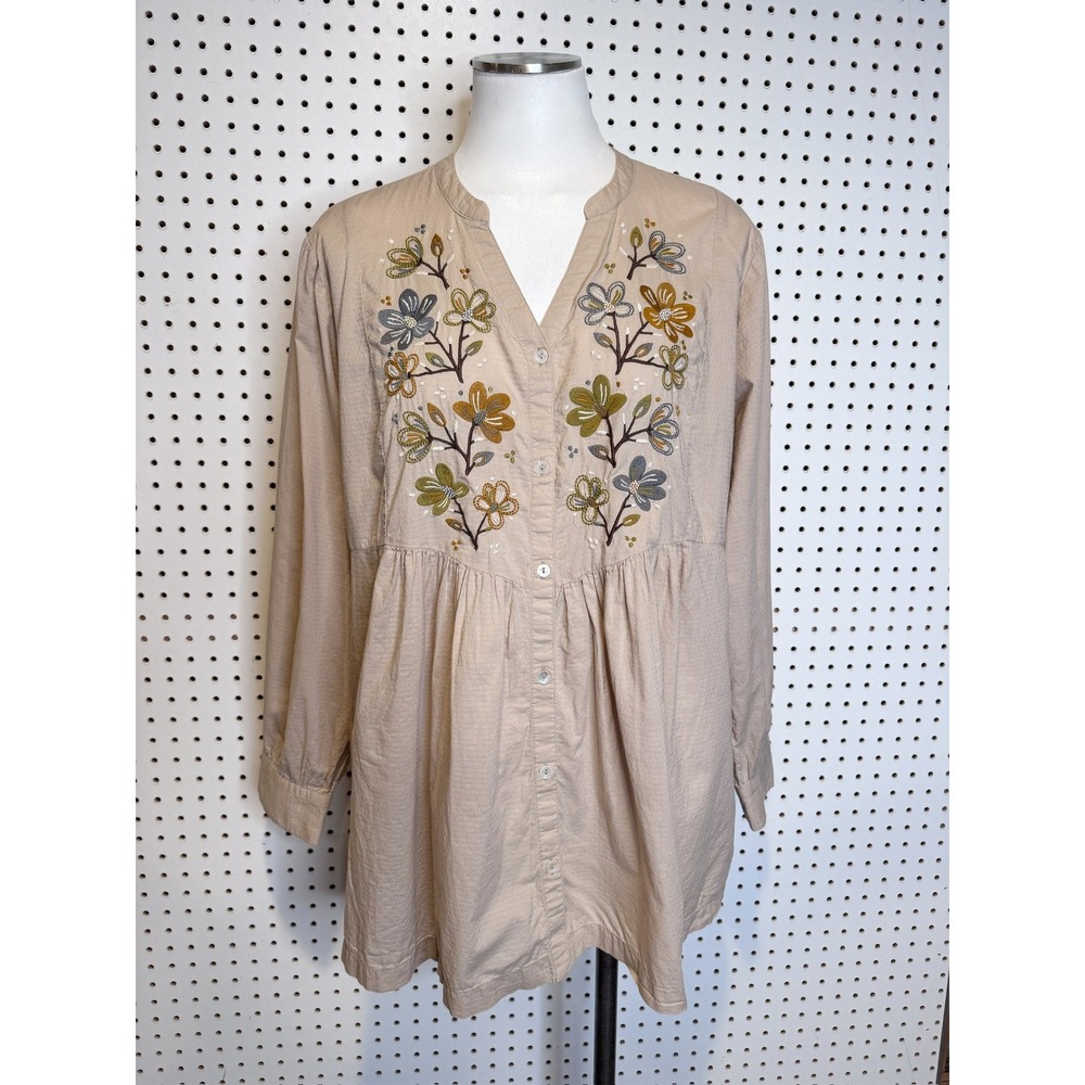 Gudrun Sjoden | Organic Cotton Embroidered Floral Tunic Top, Dobby Texture Sz XL